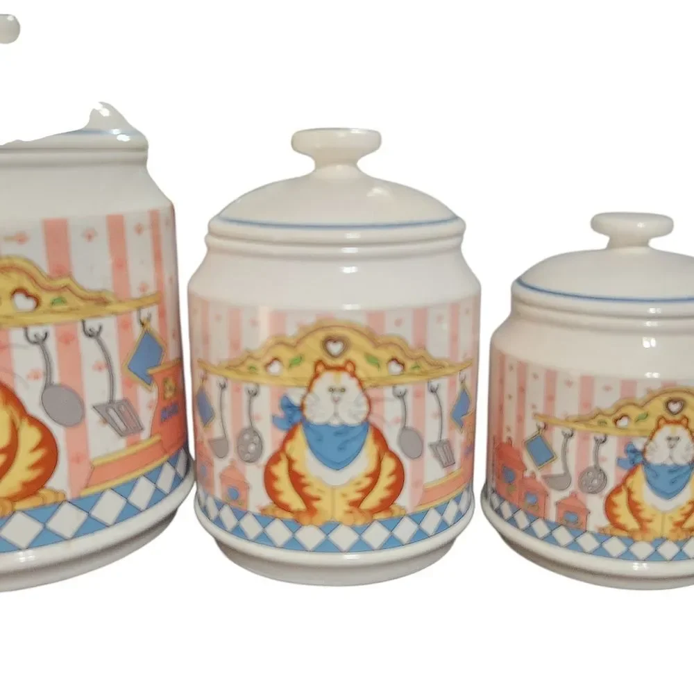 Vintage Lisa Berrett Canister Set 8 Piece 4 with Lids Country Tabby Cat